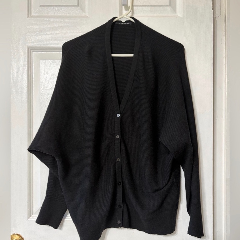 Tahari Women’s L Charcoal Ribbed Knit Cardigan Sweater